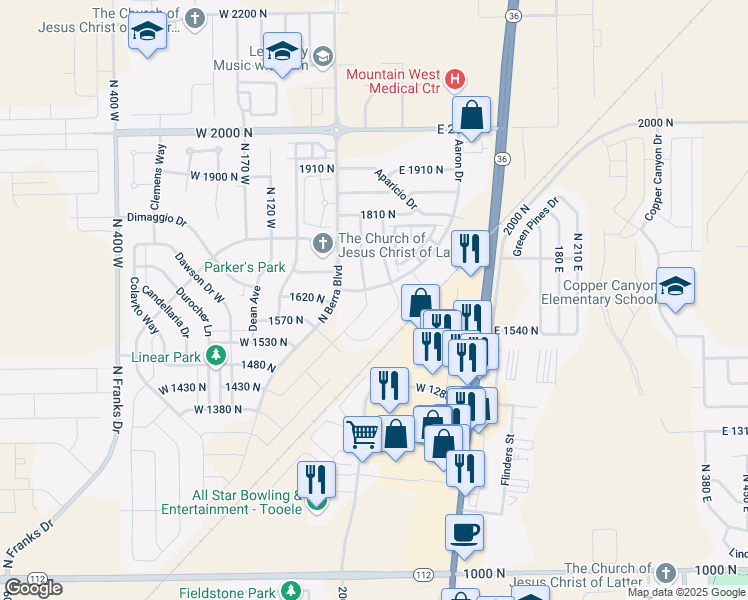 map of restaurants, bars, coffee shops, grocery stores, and more near 1622 Baen Way in Tooele