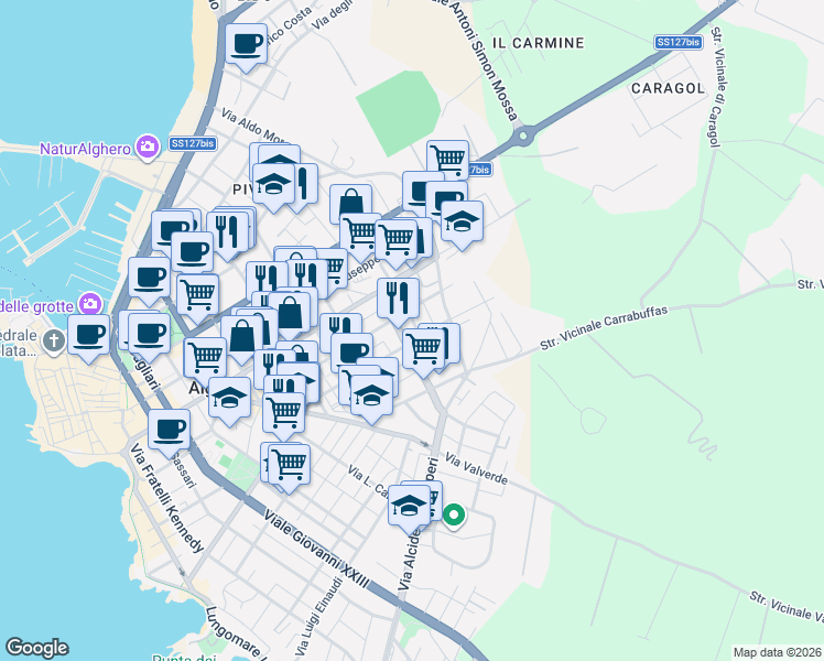 map of restaurants, bars, coffee shops, grocery stores, and more near 71 Via Raffaello Sanzio in Alghero