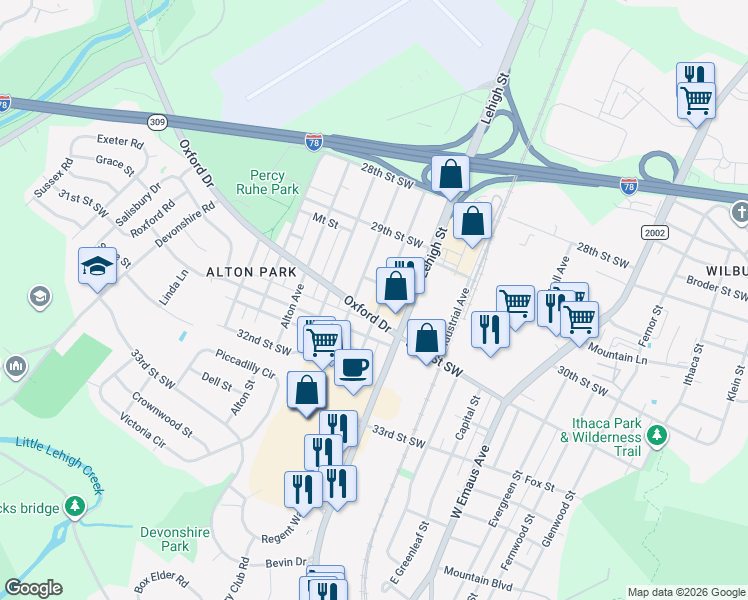 map of restaurants, bars, coffee shops, grocery stores, and more near 3017 Moravian Ave in Allentown