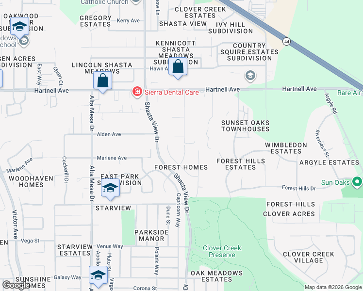 map of restaurants, bars, coffee shops, grocery stores, and more near 3254 Leonard Street in Redding