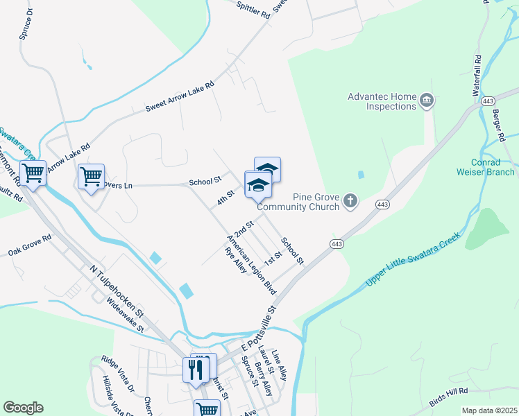 map of restaurants, bars, coffee shops, grocery stores, and more near 101 School Street in Pine Grove