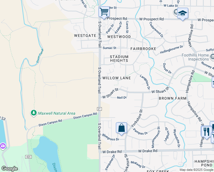 map of restaurants, bars, coffee shops, grocery stores, and more near 2110 South Overland Trail in Fort Collins