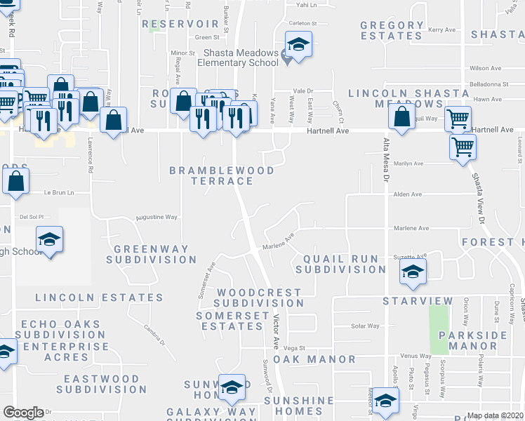 map of restaurants, bars, coffee shops, grocery stores, and more near 1808 Conifer Way in Redding
