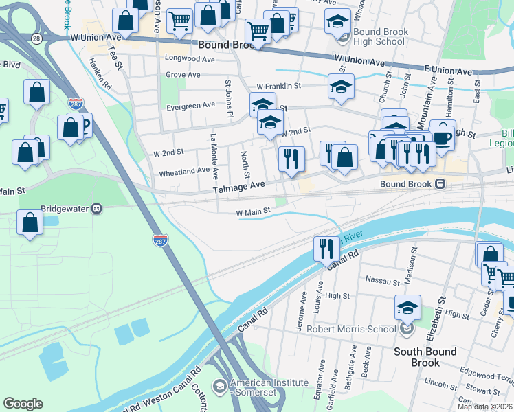 map of restaurants, bars, coffee shops, grocery stores, and more near 225 West Main Street in Bound Brook
