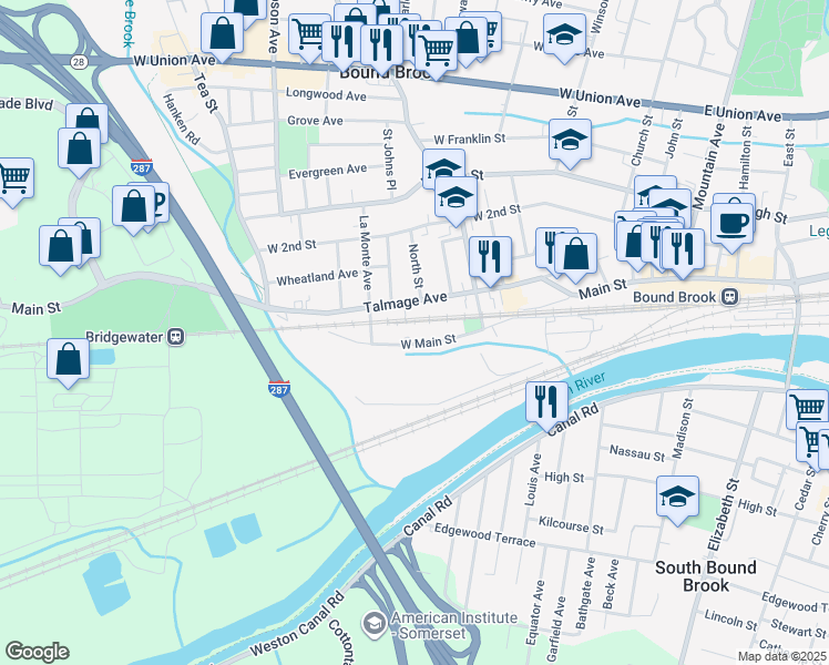 map of restaurants, bars, coffee shops, grocery stores, and more near 261 West Main Street in Bound Brook