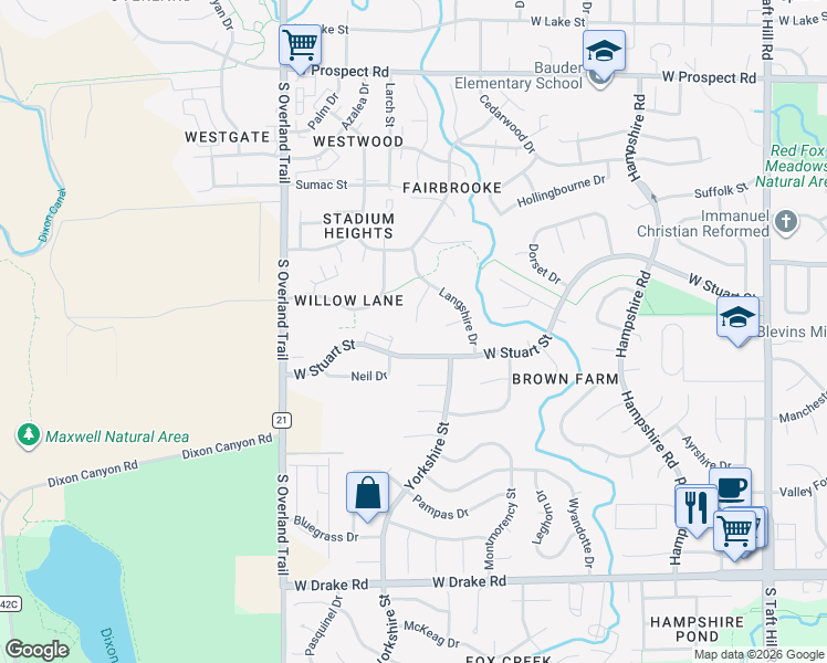 map of restaurants, bars, coffee shops, grocery stores, and more near 2049 White Rock Court in Fort Collins
