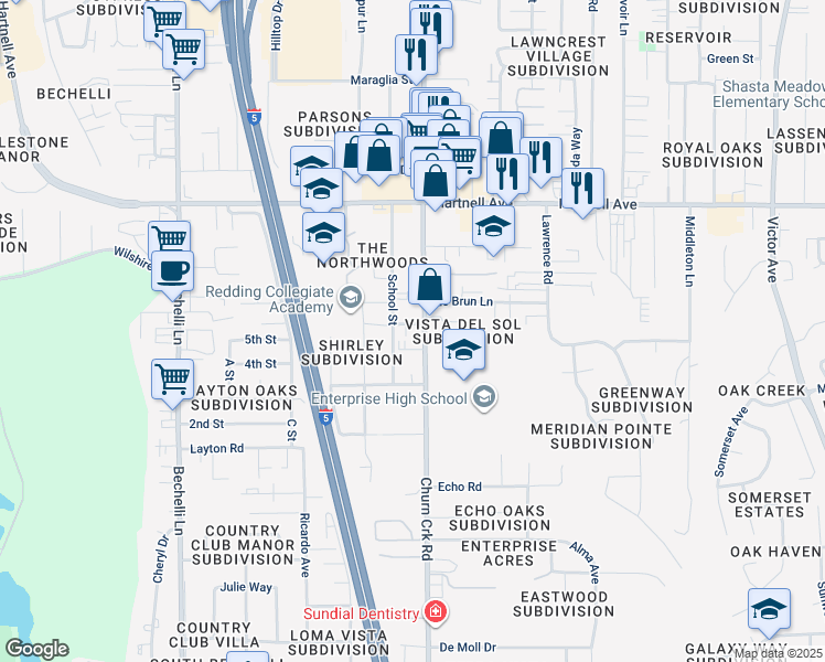 map of restaurants, bars, coffee shops, grocery stores, and more near 3270 Churn Creek Road in Redding