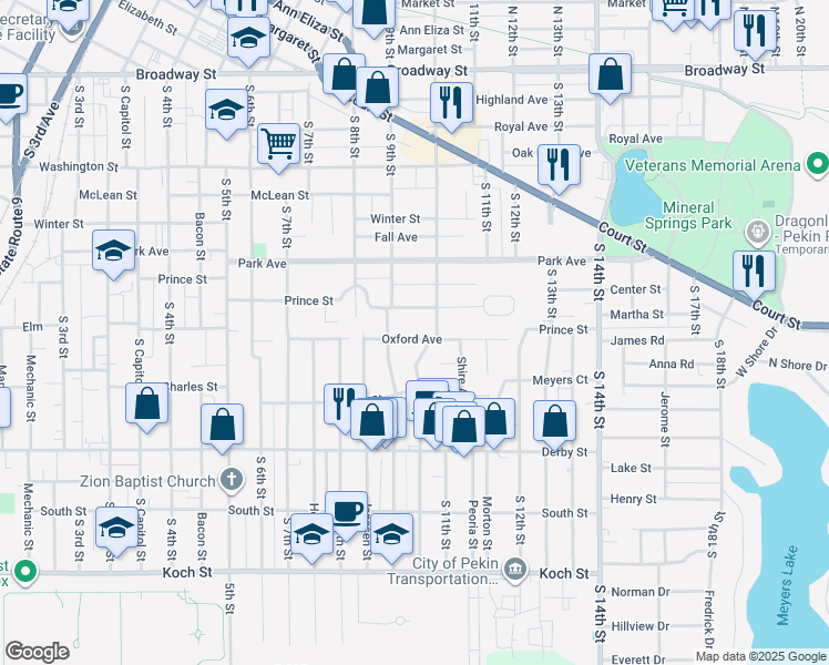 map of restaurants, bars, coffee shops, grocery stores, and more near 909 Oxford Avenue in Pekin