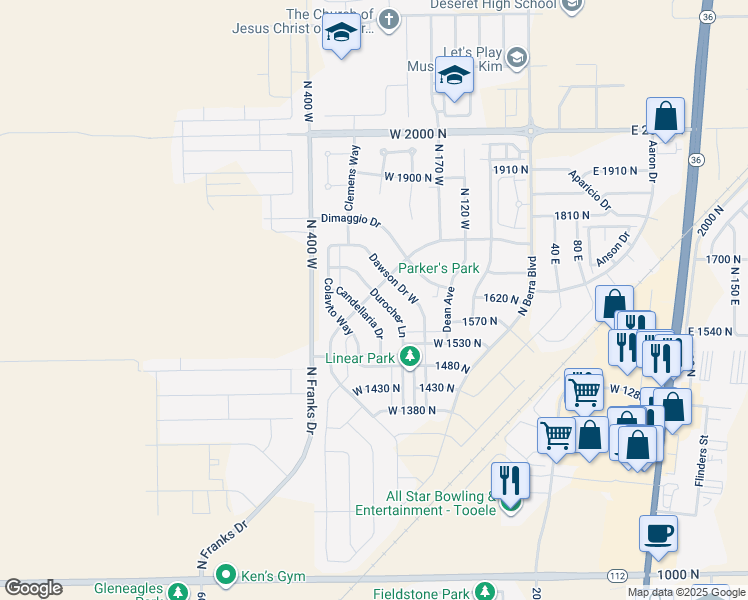 map of restaurants, bars, coffee shops, grocery stores, and more near 295 Drysdale Way in Tooele
