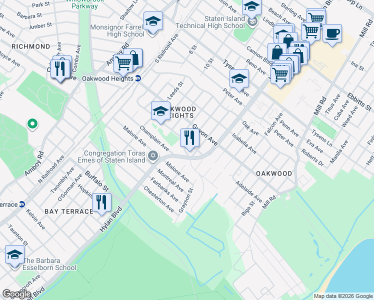 map of restaurants, bars, coffee shops, grocery stores, and more near 830 Clawson Street in Staten Island