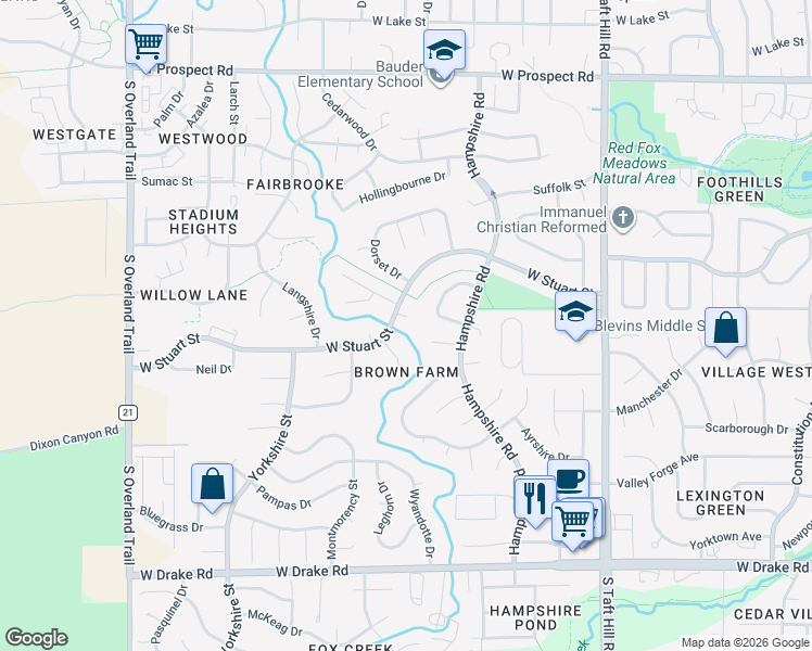 map of restaurants, bars, coffee shops, grocery stores, and more near 2407 Zenith Court in Fort Collins
