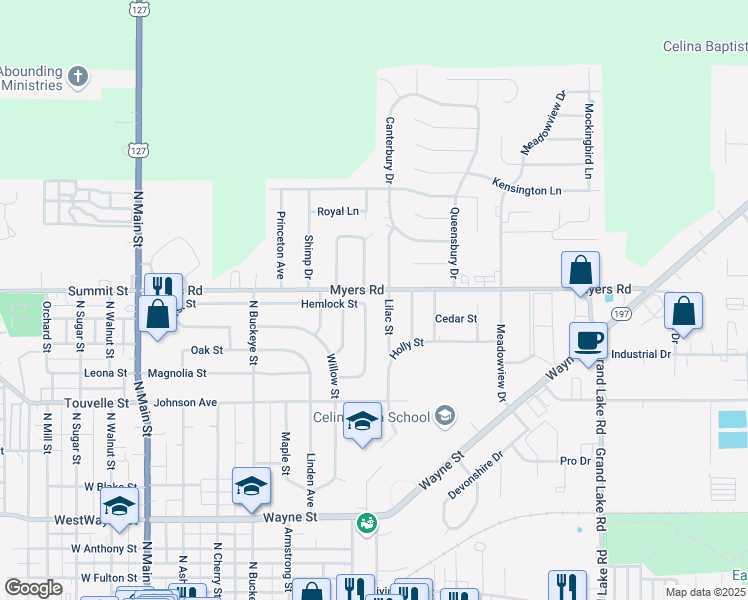 map of restaurants, bars, coffee shops, grocery stores, and more near 844 Hemlock St in Celina
