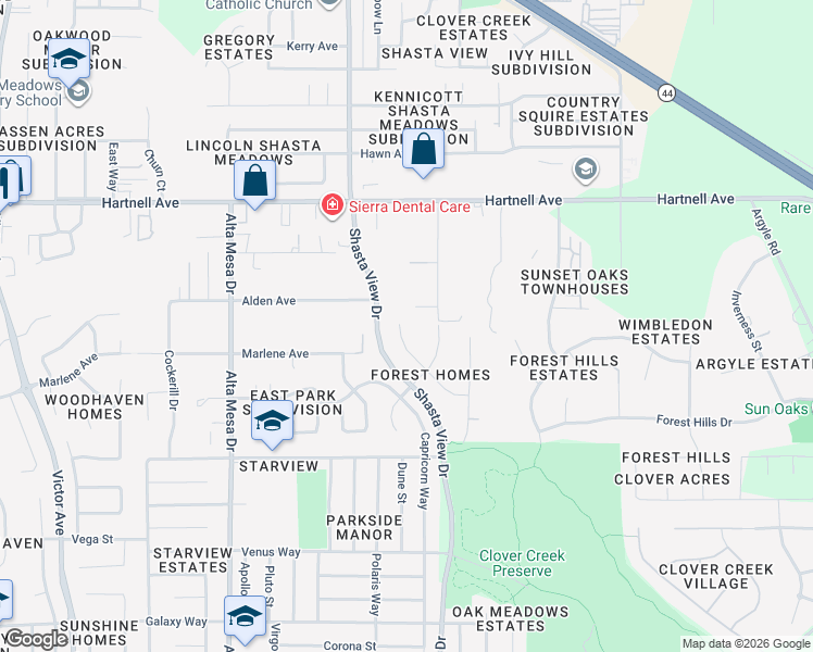 map of restaurants, bars, coffee shops, grocery stores, and more near 3247 Forest Homes Drive in Redding