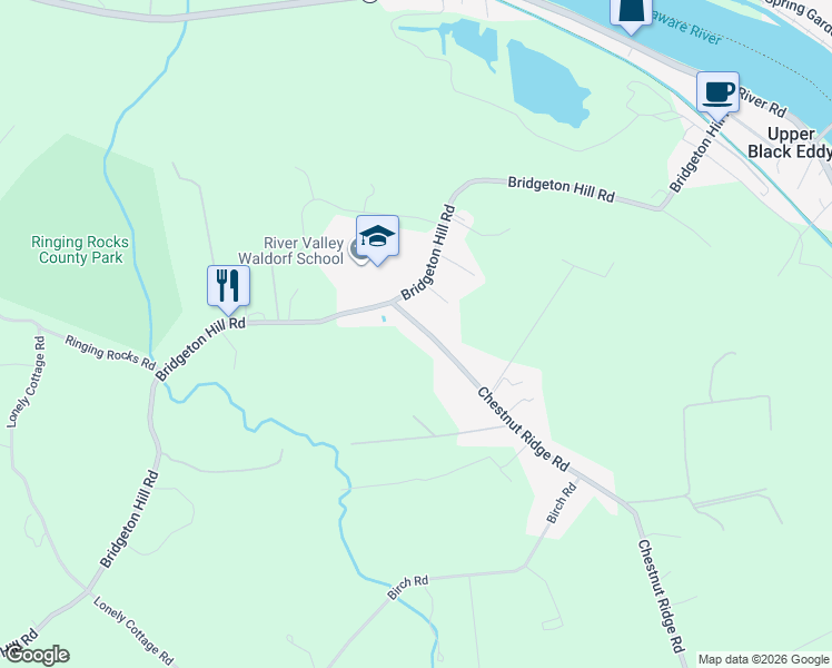 map of restaurants, bars, coffee shops, grocery stores, and more near 1684 Chestnut Ridge Road in Upper Black Eddy