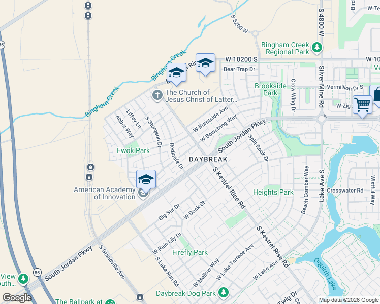 map of restaurants, bars, coffee shops, grocery stores, and more near 5261 West Bowstring Way in South Jordan