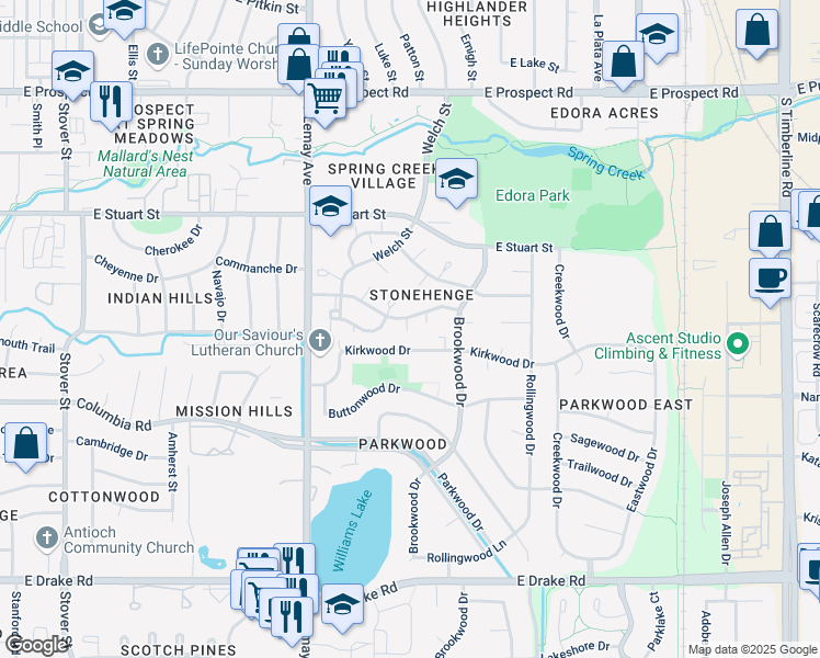 map of restaurants, bars, coffee shops, grocery stores, and more near 1274 Stoney Hill Drive in Fort Collins