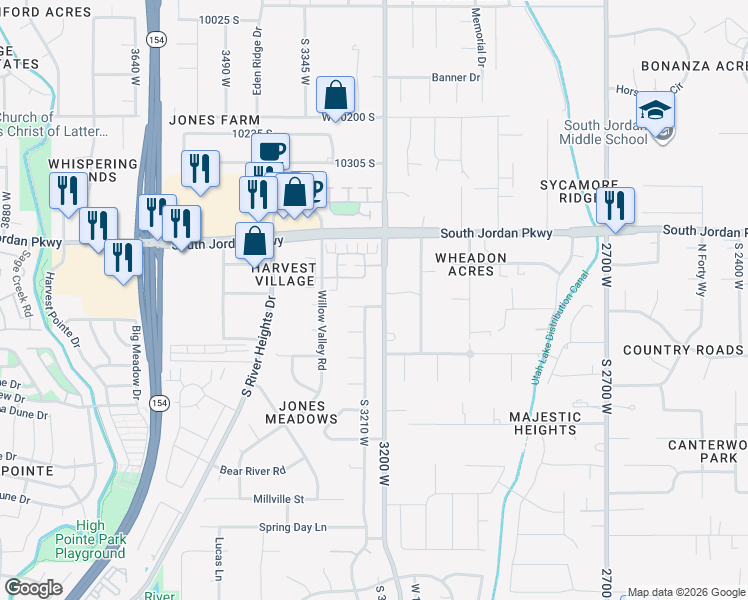 map of restaurants, bars, coffee shops, grocery stores, and more near 3208 West 10540 South in South Jordan