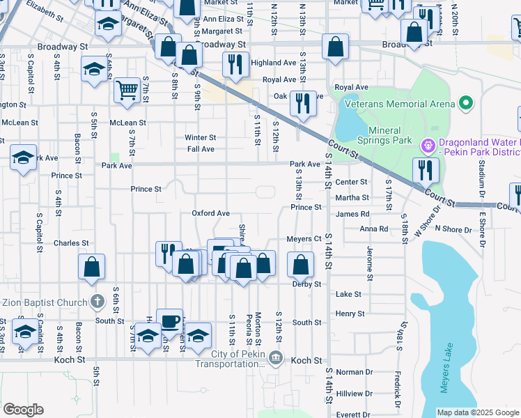 map of restaurants, bars, coffee shops, grocery stores, and more near 1101 Oxford Avenue in Pekin