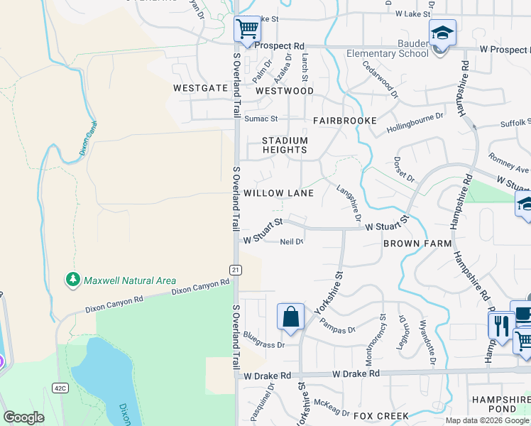 map of restaurants, bars, coffee shops, grocery stores, and more near 2960 West Stuart Street in Fort Collins