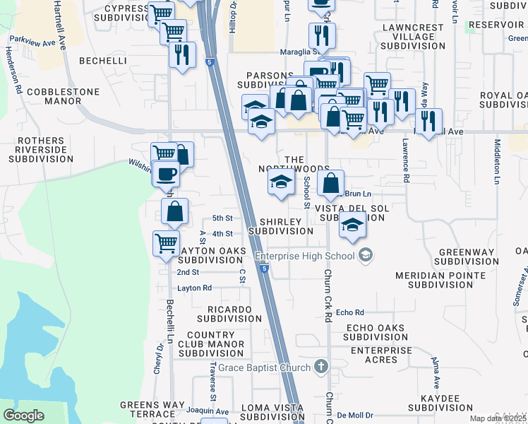 map of restaurants, bars, coffee shops, grocery stores, and more near 3260 Alexander Drive in Redding