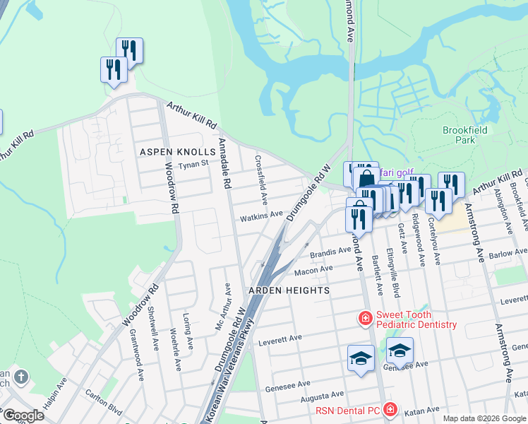 map of restaurants, bars, coffee shops, grocery stores, and more near 41 Watkins Avenue in Staten Island