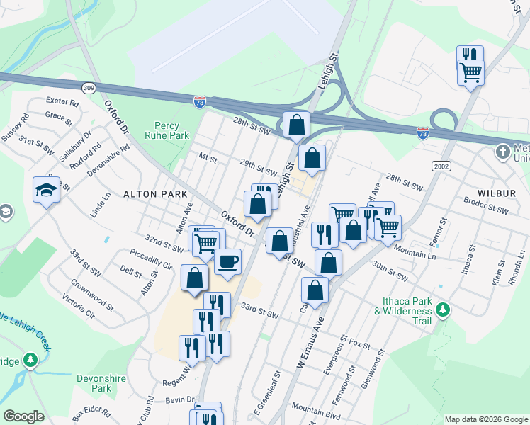 map of restaurants, bars, coffee shops, grocery stores, and more near 2952 State Route 2005 in Allentown