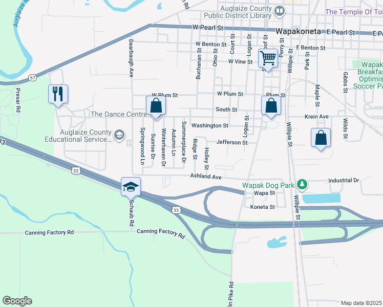 map of restaurants, bars, coffee shops, grocery stores, and more near 1037 Ridge Street in Wapakoneta