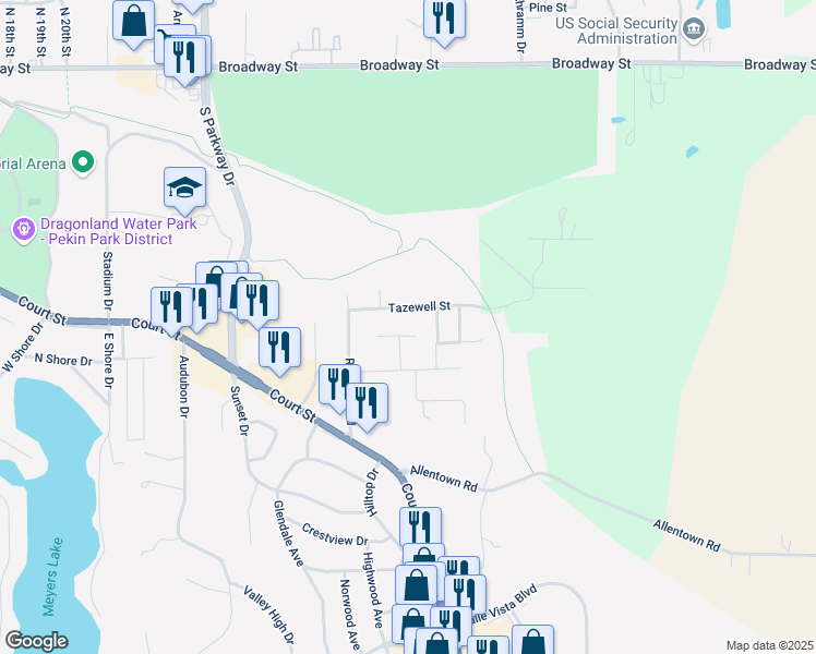 map of restaurants, bars, coffee shops, grocery stores, and more near 15 Briarcliff Ct in Pekin