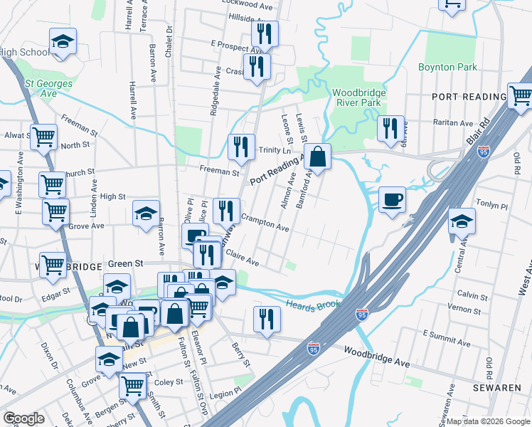 map of restaurants, bars, coffee shops, grocery stores, and more near 556 Garden Avenue in Woodbridge Township