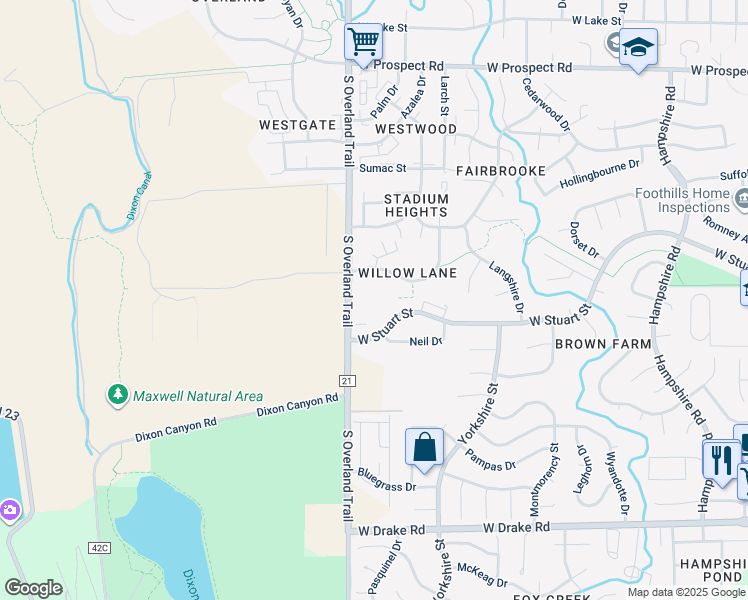 map of restaurants, bars, coffee shops, grocery stores, and more near 2110 South Overland Trail in Fort Collins