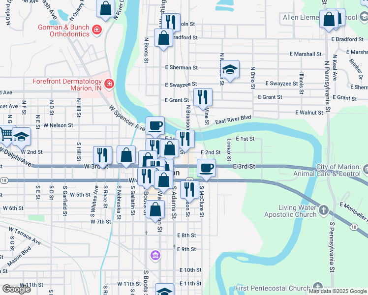 map of restaurants, bars, coffee shops, grocery stores, and more near 130 South Branson Street in Marion