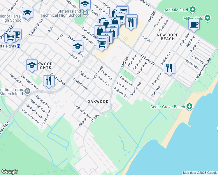 map of restaurants, bars, coffee shops, grocery stores, and more near 373 Mill Road in Staten Island