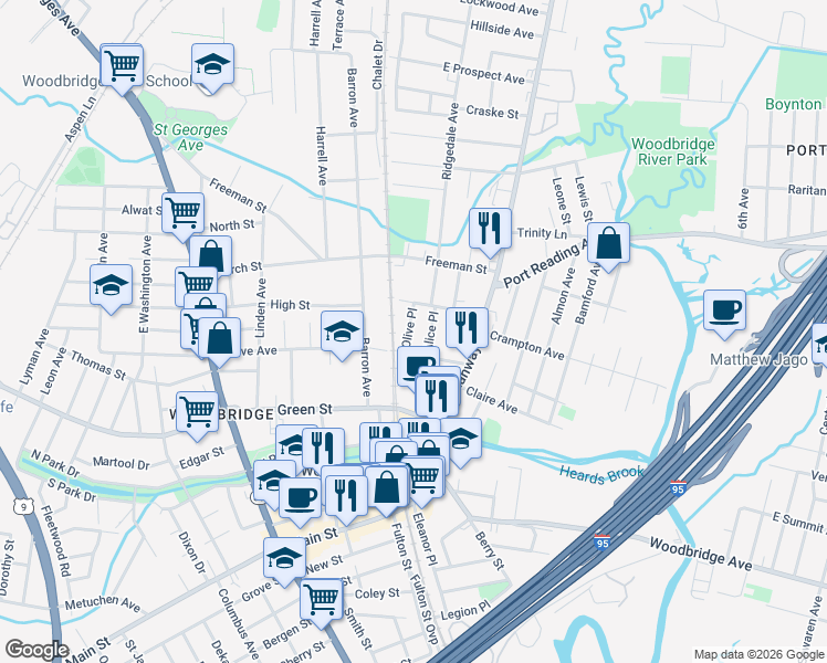 map of restaurants, bars, coffee shops, grocery stores, and more near 528 Olive Place in Woodbridge Township