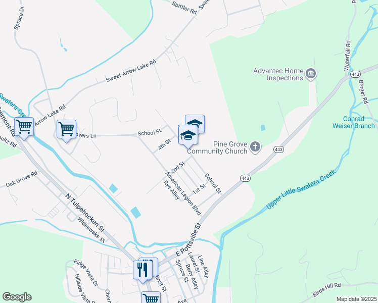 map of restaurants, bars, coffee shops, grocery stores, and more near 105 School Street in Pine Grove