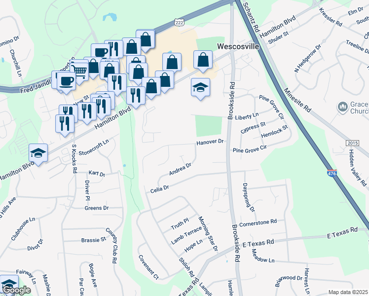 map of restaurants, bars, coffee shops, grocery stores, and more near 5260 Hanover Drive in Wescosville