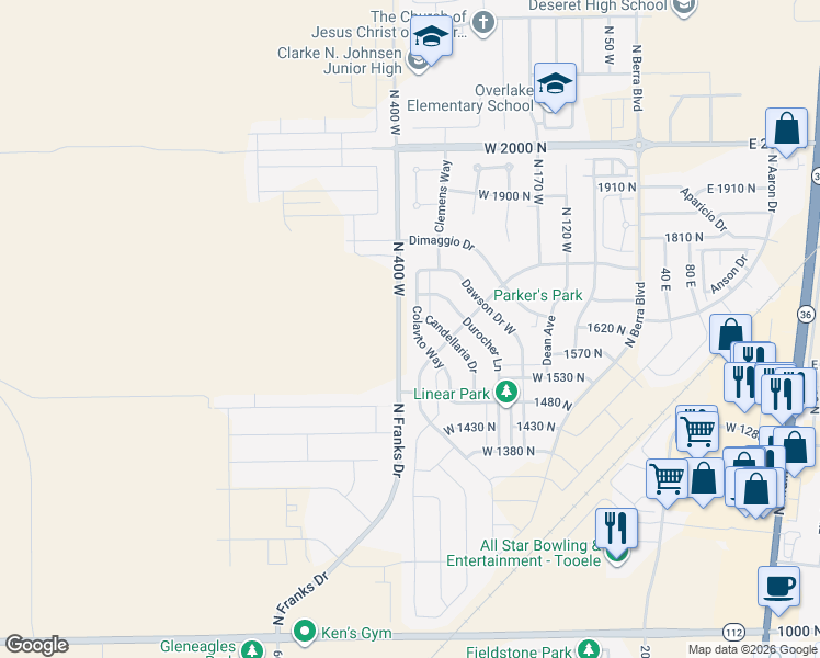 map of restaurants, bars, coffee shops, grocery stores, and more near 1629 Colavito Way in Tooele