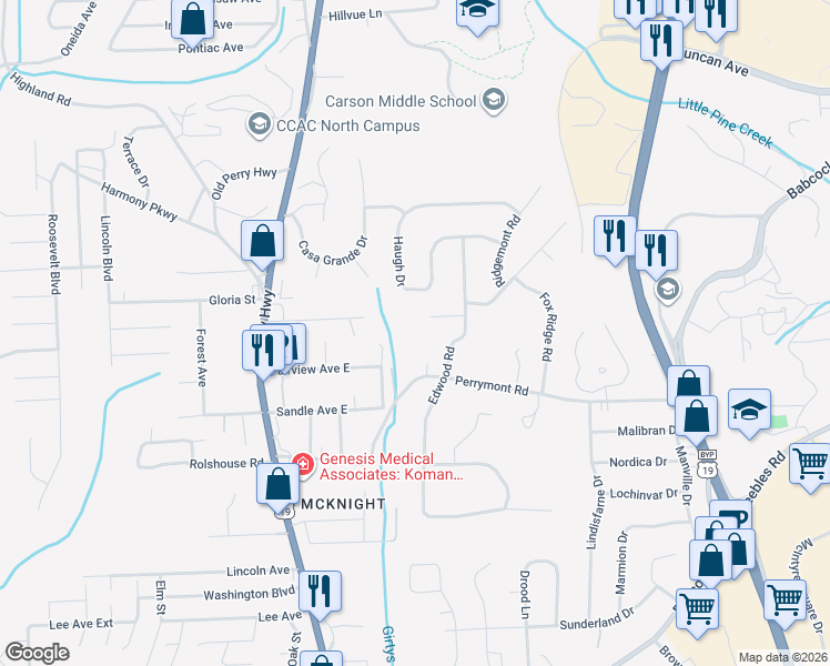 map of restaurants, bars, coffee shops, grocery stores, and more near 8424 Harmony Road in Pittsburgh