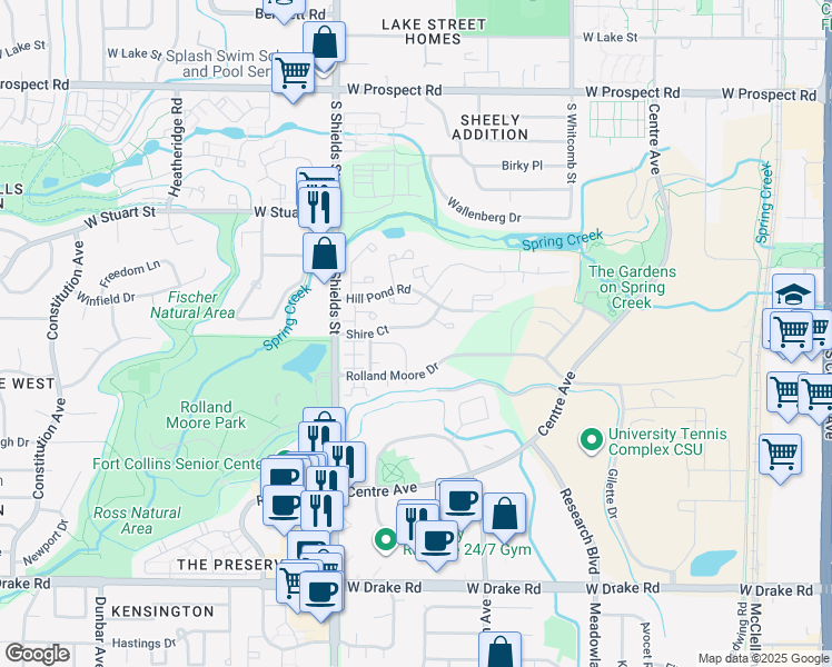 map of restaurants, bars, coffee shops, grocery stores, and more near 937 Shire Court in Fort Collins