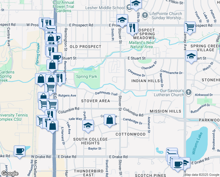 map of restaurants, bars, coffee shops, grocery stores, and more near 524 Villanova Court in Fort Collins