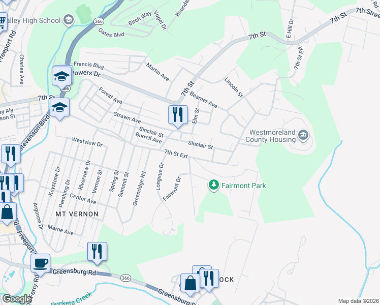 map of restaurants, bars, coffee shops, grocery stores, and more near 137 7th Street Extension in New Kensington