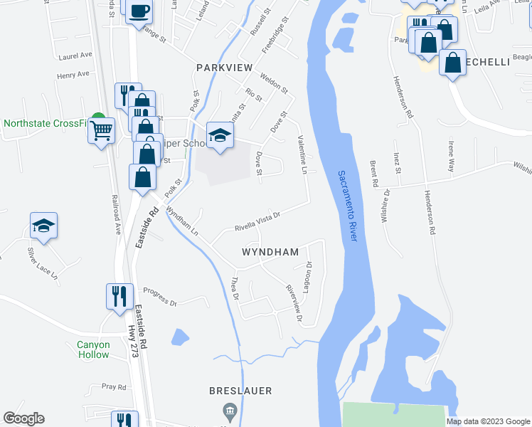 map of restaurants, bars, coffee shops, grocery stores, and more near 414 Rivella Vista Drive in Redding