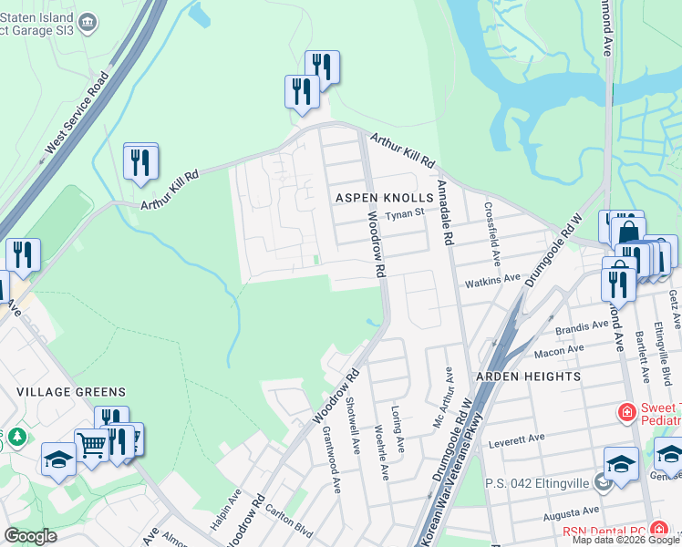 map of restaurants, bars, coffee shops, grocery stores, and more near 65 Oak Lane in Staten Island