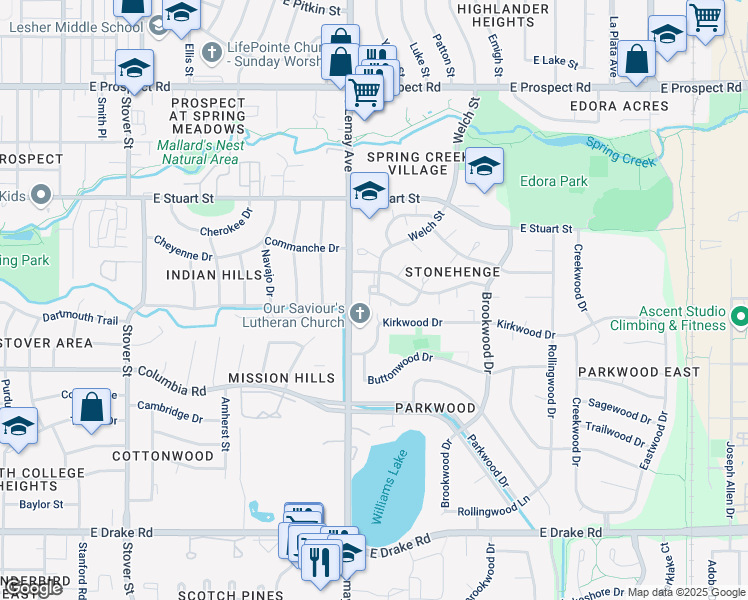 map of restaurants, bars, coffee shops, grocery stores, and more near in Fort Collins