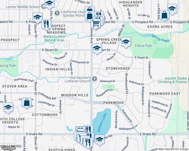 map of restaurants, bars, coffee shops, grocery stores, and more near in Fort Collins