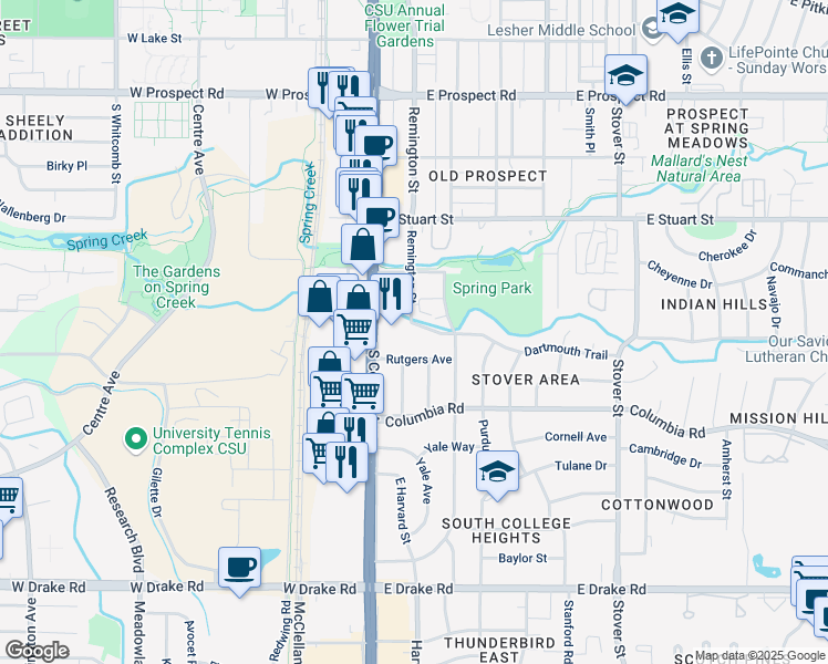 map of restaurants, bars, coffee shops, grocery stores, and more near 125 Dartmouth Trail in Fort Collins