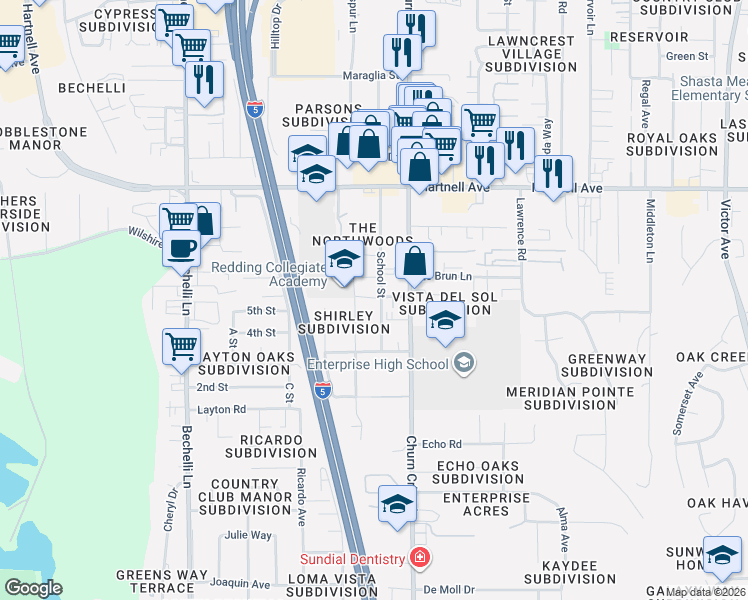 map of restaurants, bars, coffee shops, grocery stores, and more near in Redding