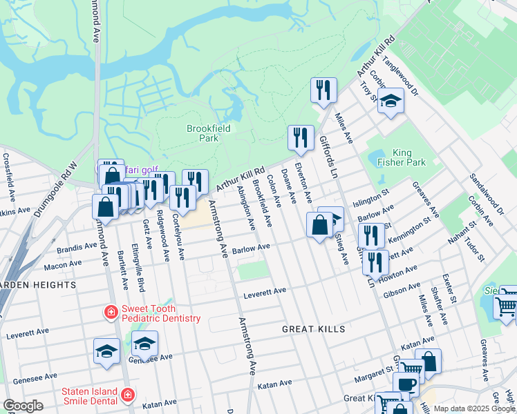 map of restaurants, bars, coffee shops, grocery stores, and more near 395 Abingdon Avenue in Staten Island