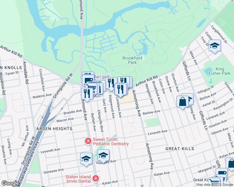 map of restaurants, bars, coffee shops, grocery stores, and more near 696 Arthur Kill Road in Staten Island