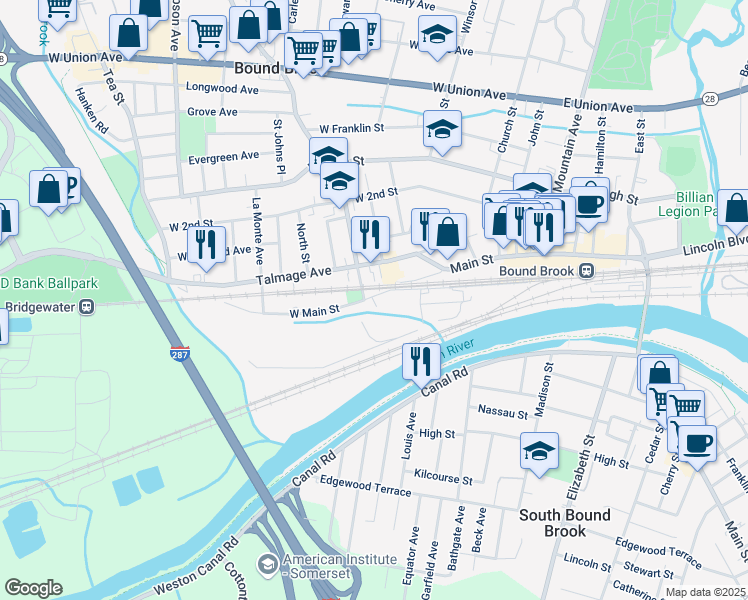 map of restaurants, bars, coffee shops, grocery stores, and more near 178 West Main Street in Bound Brook