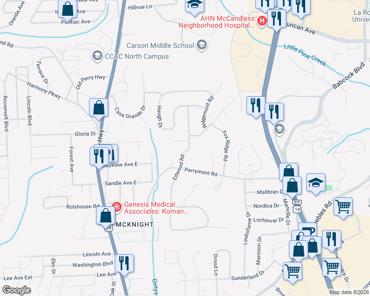 map of restaurants, bars, coffee shops, grocery stores, and more near 8409 Edwood Road in Pittsburgh